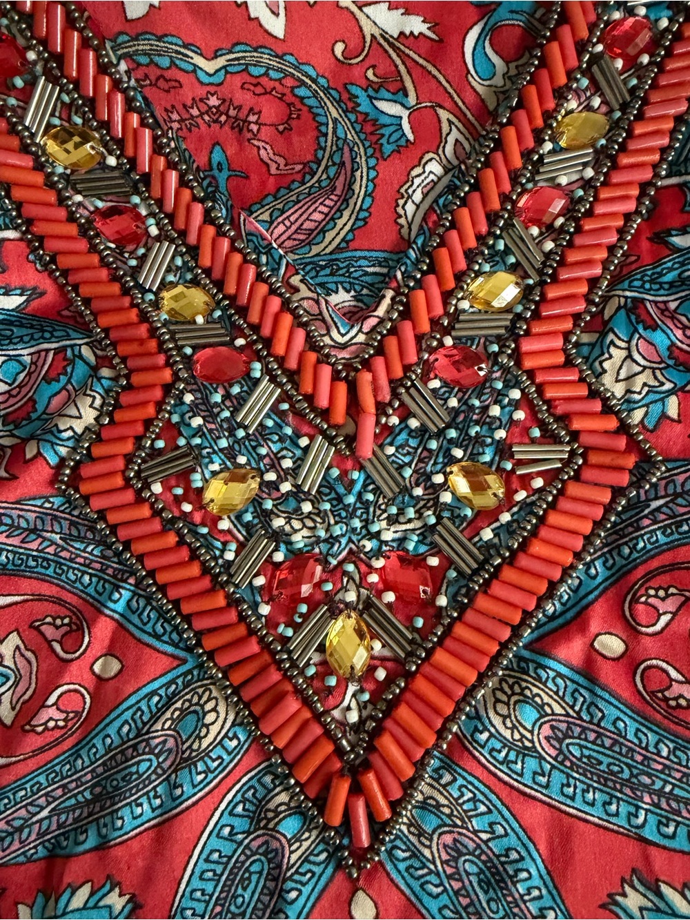 Chico’s Beaded Paisley Caftan Poncho Top Coral Blue Satin Feel L/XL - Picture 7 of 8